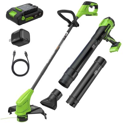 Greenworks - 24V 12" Brushless String Trimmer and 270 CFM Leaf Blower Combo, 2.0Ah Battery, 30W USB-C Charger - Green Greenworks - 24V 12" Brushless String Trimmer and 270 CFM Leaf Blower Combo, 2.0Ah Battery, 30W USB-C Charger - Green