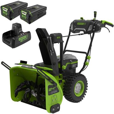 Greenworks - 80V 24” Cordless Brushless Two-Stage Snow Blower with (2) 4.0Ah Batteries and Dual-Port Turbo Charger - Green Greenworks - 80V 24” Cordless Brushless Two-Stage Snow Blower with (2) 4.0Ah Batteries and Dual-Port Turbo Charger - Green