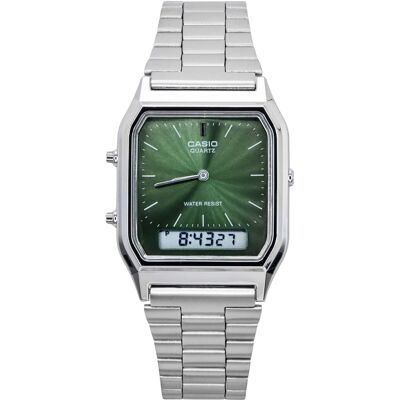 Casio - Vintage Analog-Digital Quartz AQ-230A-3AMQY Unisex Watch Alarm Dual Time Stopwatch Calendar 12/24-Hour Format - Green/Silver Casio - Vintage Analog-Digital Quartz AQ-230A-3AMQY Unisex Watch Alarm Dual Time Stopwatch Calendar 12/24-Hour Format - Green/Silver