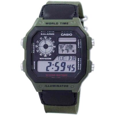 Casio - Illuminator Digital AE-1200WHB-3BV Mens Watch World Time Alarm Stopwatch Timer 100M - Olive Green and Black Casio - Illuminator Digital AE-1200WHB-3BV Mens Watch World Time Alarm Stopwatch Timer 100M - Olive Green and Black