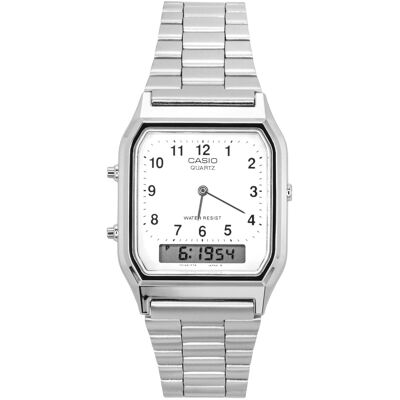 Casio - Vintage Dual Time Alarm Stopwatch Analog Digital Quartz AQ-230A-7BMQ Unisex Watch 100M - Silver Casio - Vintage Dual Time Alarm Stopwatch Analog Digital Quartz AQ-230A-7BMQ Unisex Watch 100M - Silver