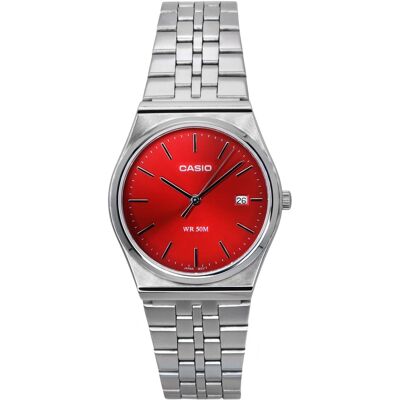Casio - Standard Analog Quartz MTP-B145D-4A2V Stainless Steel Red Dial Unisex Watch 50M - Silver, Red Casio - Standard Analog Quartz MTP-B145D-4A2V Stainless Steel Red Dial Unisex Watch 50M - Silver, Red
