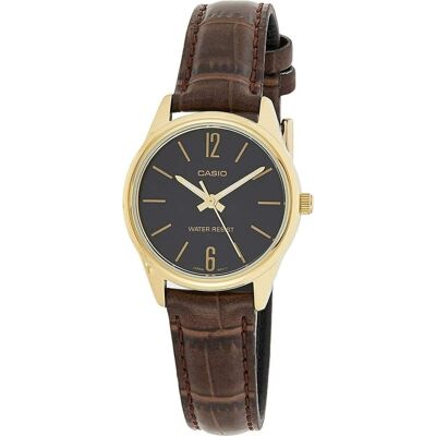 Casio - Women’s Gold-Tone Leather Strap Analog Watch Black Dial - LTP-V005GL-9BUDF - Brown Casio - Women’s Gold-Tone Leather Strap Analog Watch Black Dial - LTP-V005GL-9BUDF - Brown