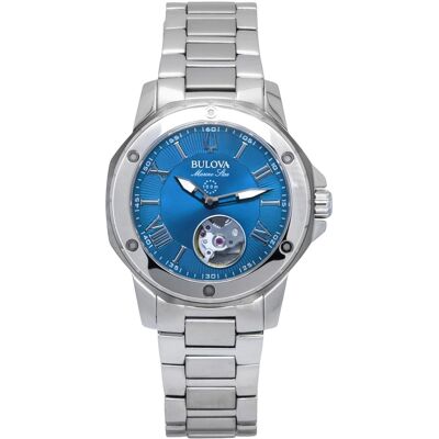 Bulova - Marine Star Stainless Steel Open Heart Blue Dial Automatic 24 Jewels 98L317 100M Ladies Watch - Silver, Blue Bulova - Marine Star Stainless Steel Open Heart Blue Dial Automatic 24 Jewels 98L317 100M Ladies Watch - Silver, Blue