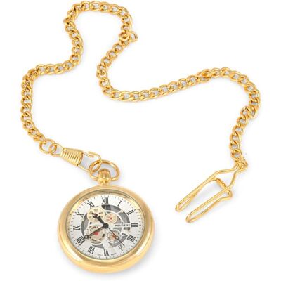 Peugeot - Men's 14K Plated Deco Skeleton Dial Vintage Pocket Watch with Clip-On Chain - Gold Peugeot - Men's 14K Plated Deco Skeleton Dial Vintage Pocket Watch with Clip-On Chain - Gold