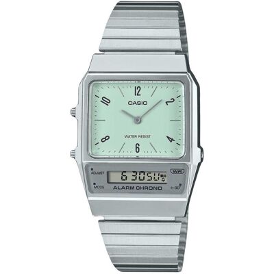 Casio - Vintage Analog Digital Dual Time Stainless Steel Bracelet Green Dial Quartz AQ-800E-3A Unisex Watch - Silver Casio - Vintage Analog Digital Dual Time Stainless Steel Bracelet Green Dial Quartz AQ-800E-3A Unisex Watch - Silver