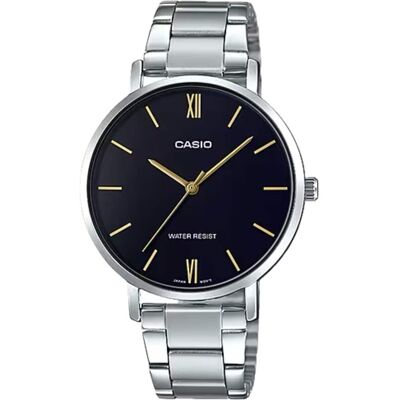 Casio - Women’s Black Dial Stainless Steel Bracelet Watch - LTP-VT01D-1BUDF - Silver Casio - Women’s Black Dial Stainless Steel Bracelet Watch - LTP-VT01D-1BUDF - Silver