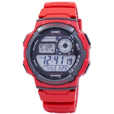 Casio - Illuminator World Time Alarm World Map Stopwatch Timer AE-1000W-4AV Mens Watch 100M - Red Casio - Illuminator World Time Alarm World Map Stopwatch Timer AE-1000W-4AV Mens Watch 100M - Red