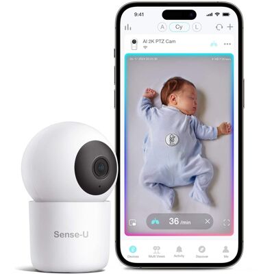 Sense-U - AI 2K PTZ Baby Camera Monitor with Sensor-Free Sleep Breathing Movement Detection - White Sense-U - AI 2K PTZ Baby Camera Monitor with Sensor-Free Sleep Breathing Movement Detection - White