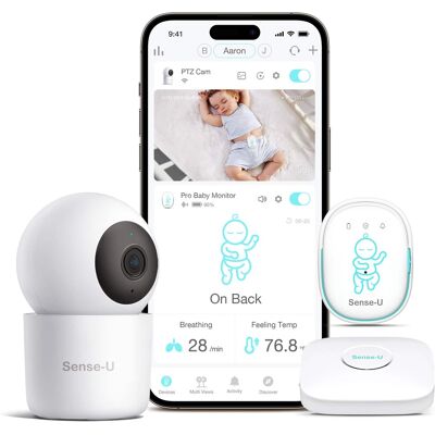 Sense-U - Pro Baby Monitor (Long Range) + 2K PTZ Camera - Track Abdominal Movement with 2K Video - White Sense-U - Pro Baby Monitor (Long Range) + 2K PTZ Camera - Track Abdominal Movement with 2K Video - White