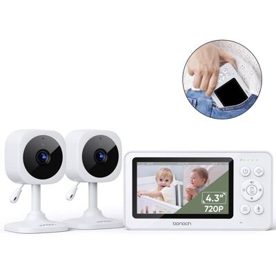 bonoch - 4.3" Baby Monitor with 2 720p Video LCD Display Cameras with 23Hour Battery, VOX Mode, 2-Way Audio, Night Vision - White bonoch - 4.3" Baby Monitor with 2 720p Video LCD Display Cameras with 23Hour Battery, VOX Mode, 2-Way Audio, Night Vision - White