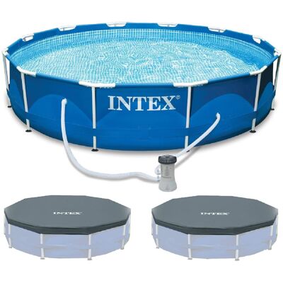 Intex - Metal Frame Swimming Pool with Filter Pump & 2 Pool Debris Cover - Blue Intex - Metal Frame Swimming Pool with Filter Pump & 2 Pool Debris Cover - Blue