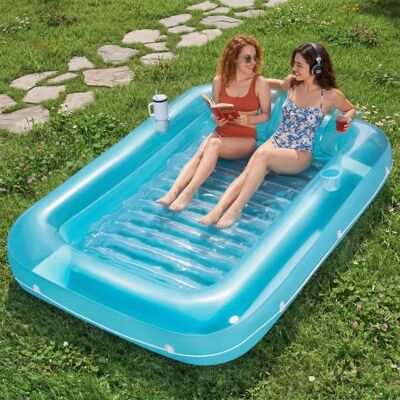 Joyfy - 85" x 57" Inflatable Tanning Pool with Pillow, Suntan Tub Floatie Raft Suntanning Float Bed for Adult - Blue Joyfy - 85" x 57" Inflatable Tanning Pool with Pillow, Suntan Tub Floatie Raft Suntanning Float Bed for Adult - Blue