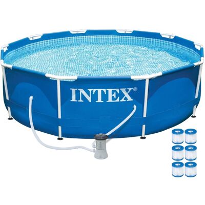 Intex - 10ft x 30in Metal Frame Above Ground Pool Set & 6 Type H Filter Cartridges - Blue Intex - 10ft x 30in Metal Frame Above Ground Pool Set & 6 Type H Filter Cartridges - Blue