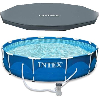 Intex - Metal Frame Above Ground Swimming Pool with Filter and Cover - Blue Intex - Metal Frame Above Ground Swimming Pool with Filter and Cover - Blue