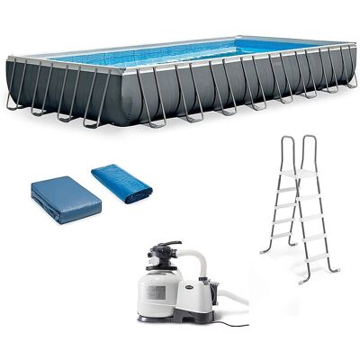 Intex - 32' x 16' x 52" Rectangular Frame Swimming Pool with Pump - Gray Intex - 32' x 16' x 52" Rectangular Frame Swimming Pool with Pump - Gray