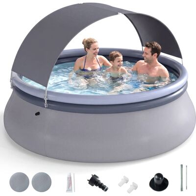 Costway - Outdoor Inflatable Pool, Round Blow Up Pool with Sunshade Canopy for Adults - Blue + Gray Costway - Outdoor Inflatable Pool, Round Blow Up Pool with Sunshade Canopy for Adults - Blue + Gray