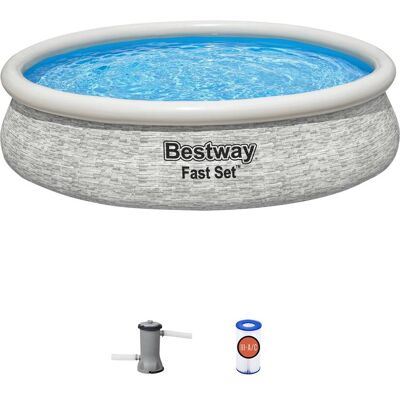 Bestway - Fast Set 12' x 30" Round Inflatable Stacked Stone Swimming Pool Set - Gray Bestway - Fast Set 12' x 30" Round Inflatable Stacked Stone Swimming Pool Set - Gray
