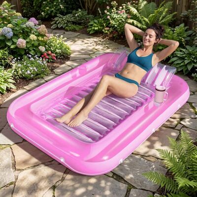 Joyfy - Inflatable Tanning Pool with Pillow, Suntan Tub Floatie Raft Suntanning Float Bed for Adult 70" - Pink White Joyfy - Inflatable Tanning Pool with Pillow, Suntan Tub Floatie Raft Suntanning Float Bed for Adult 70" - Pink White