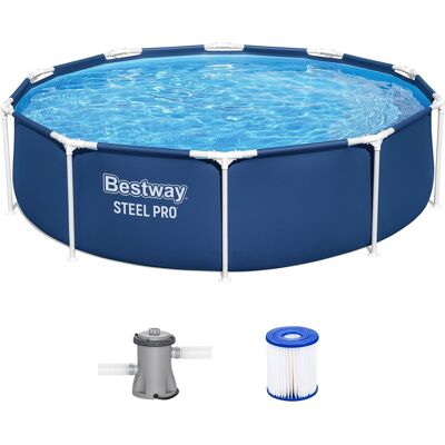 Bestway - Steel Pro 10'x30" Round Above Ground Swimming Pool Set with Filter Pump - Blue Bestway - Steel Pro 10'x30" Round Above Ground Swimming Pool Set with Filter Pump - Blue