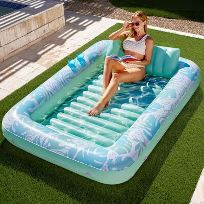 Joyfy - 85" x 57" Inflatable Tanning Pool Suntan Lounge Lounger Float for Adults Extra Large Suntan Tub (Cyan White Tropical) Joyfy - 85" x 57" Inflatable Tanning Pool Suntan Lounge Lounger Float for Adults Extra Large Suntan Tub (Cyan White Tropical)