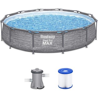 Bestway - Steel Pro MAX 12' x 30" Above Ground Outdoor Swimming Pool Set, Gray - Gray Stack Stone Print Bestway - Steel Pro MAX 12' x 30" Above Ground Outdoor Swimming Pool Set, Gray - Gray Stack Stone Print