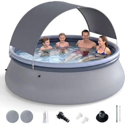 Costway - Outdoor Large Inflatable Pool, Round Blow Up Pool with Sunshade Canopy for Adults - Blue + Gray Costway - Outdoor Large Inflatable Pool, Round Blow Up Pool with Sunshade Canopy for Adults - Blue + Gray