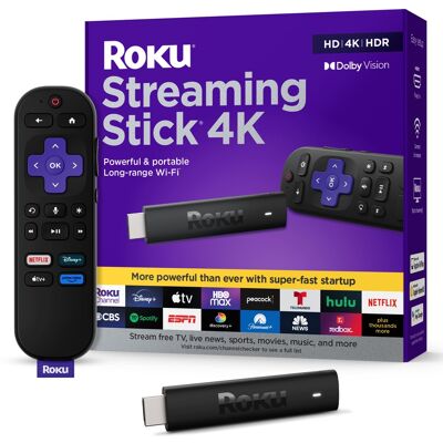 Roku - Streaming Stick 4K - HDR & Dolby Vision Streaming Device for TV with Voice Remote & Long-Range Wi-Fi - Black Roku - Streaming Stick 4K - HDR & Dolby Vision Streaming Device for TV with Voice Remote & Long-Range Wi-Fi - Black