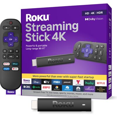 Roku - Streaming Stick 4K - HDR & Dolby Vision Streaming Device for TV with Voice Remote & Long-Range Wi-Fi - Black Roku - Streaming Stick 4K - HDR & Dolby Vision Streaming Device for TV with Voice Remote & Long-Range Wi-Fi - Black