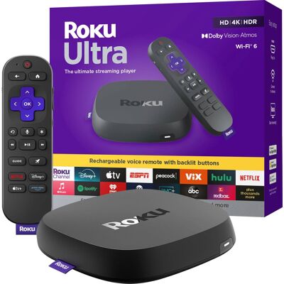 Roku - Ultra 4K/HDR10+/Dolby Vision & Atmos Streaming Device with Rechargeable Backlit Voice Remote Pro - Free & Live TV - Black Roku - Ultra 4K/HDR10+/Dolby Vision & Atmos Streaming Device with Rechargeable Backlit Voice Remote Pro - Free & Live TV - Black