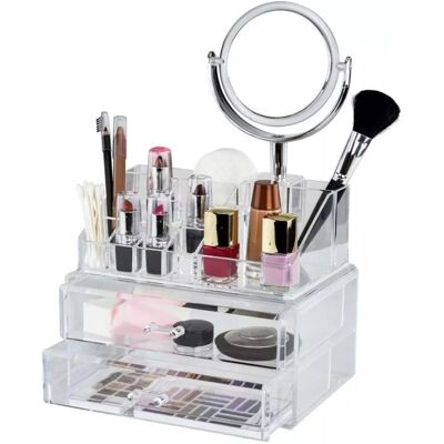 Elle - Makeup Storage with Vanity Mirror, 15 Compartments & 2 Drawers, Acrylic Compact Organizer for Cosmetics & Jewelry - Clear Elle - Makeup Storage with Vanity Mirror, 15 Compartments & 2 Drawers, Acrylic Compact Organizer for Cosmetics & Jewelry - Clear