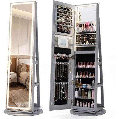 Costway - 360° Swivel Jewelry Cabinet with LED Lights, Full-Length Mirror & Makeup Mirror - Gray Costway - 360° Swivel Jewelry Cabinet with LED Lights, Full-Length Mirror & Makeup Mirror - Gray