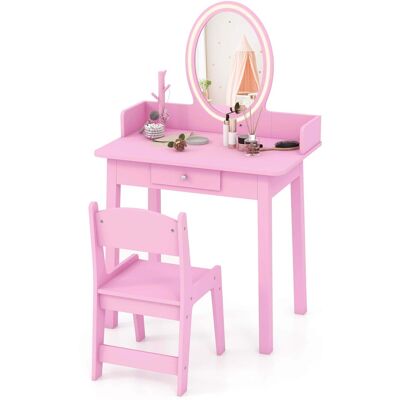 Costway - Kids Vanity Set with Lighted Mirror Chair 2-Color LED Lighting for Girls Makeup - Pink Costway - Kids Vanity Set with Lighted Mirror Chair 2-Color LED Lighting for Girls Makeup - Pink