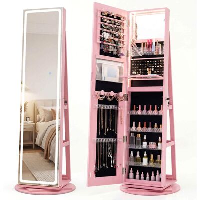 Costway - 360° Swivel Jewelry Cabinet with LED Lights, Full-Length Mirror & Makeup Mirror - Pink Costway - 360° Swivel Jewelry Cabinet with LED Lights, Full-Length Mirror & Makeup Mirror - Pink