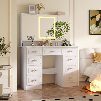 Famapy - Vintage Vanity Table with 3-Sided LED Mirror - Makeup Dressing Table 9-Drawer Organizer Hidden Storage - White Famapy - Vintage Vanity Table with 3-Sided LED Mirror - Makeup Dressing Table 9-Drawer Organizer Hidden Storage - White