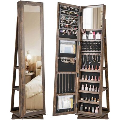 Costway - 360° Swivel Jewelry Armoire with Full-Length Mirror Rear Shelves Makeup Mirror - Brown Costway - 360° Swivel Jewelry Armoire with Full-Length Mirror Rear Shelves Makeup Mirror - Brown