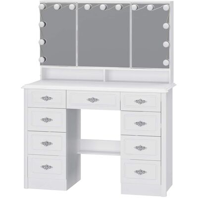 Famapy - Vintage Vanity Table with 3-Sided LED Mirror - Makeup Desk, 9-Drawer Organizer Hidden Storage - White Famapy - Vintage Vanity Table with 3-Sided LED Mirror - Makeup Desk, 9-Drawer Organizer Hidden Storage - White