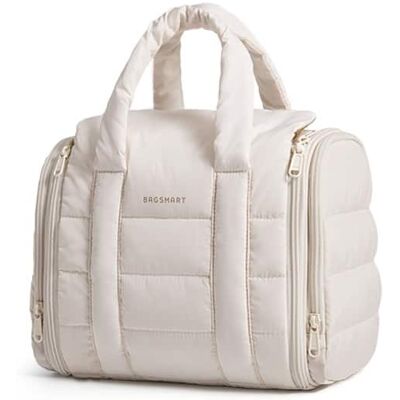Bagsmart - Puffy Hanging Toiletry Bag for Travel, Full-Sized Makeup Bag, Water-Resistant Cosmetic Bag with Removable Partition - White Bagsmart - Puffy Hanging Toiletry Bag for Travel, Full-Sized Makeup Bag, Water-Resistant Cosmetic Bag with Removable Partition - White