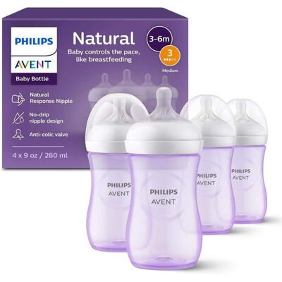 Philips Avent Natural Baby Bottle With Natural Response Nipple, 9oz 4pk, SCY903/34 - Purple Philips Avent Natural Baby Bottle With Natural Response Nipple, 9oz 4pk, SCY903/34 - Purple