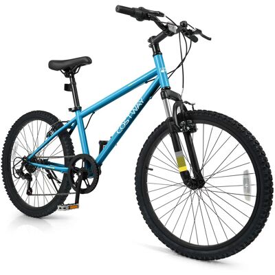 Costway - 24 Inch Kids Mountain Bike for Boys Girls Aged 8+ Years Old with Suspension Fork - Blue Costway - 24 Inch Kids Mountain Bike for Boys Girls Aged 8+ Years Old with Suspension Fork - Blue