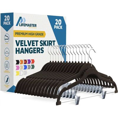 Lifemaster - Velvet Skirt Hangers – Adjustable Clips, Swivel Hook, Non-Slip Notch, Holds 10 lbs, Pack of 20 - Brown Lifemaster - Velvet Skirt Hangers – Adjustable Clips, Swivel Hook, Non-Slip Notch, Holds 10 lbs, Pack of 20 - Brown