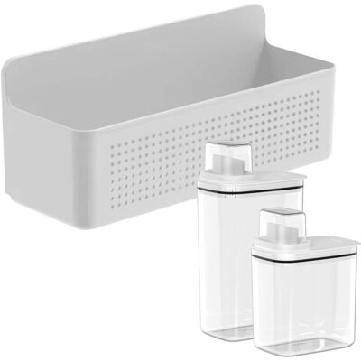 OU - Laundry Detergent Dispenser Set with Wall Rack, 50 oz & 77 oz Soap/Fabric Softener Dispensers with Measuring Cap - White OU - Laundry Detergent Dispenser Set with Wall Rack, 50 oz & 77 oz Soap/Fabric Softener Dispensers with Measuring Cap - White