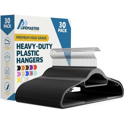 Lifemaster - 30-Pack Clothes Hangers – Heavy Duty, Non-Slip Rubber, 360° Swivel Hook, Tie Bar, Space-Saving Design - Black Lifemaster - 30-Pack Clothes Hangers – Heavy Duty, Non-Slip Rubber, 360° Swivel Hook, Tie Bar, Space-Saving Design - Black