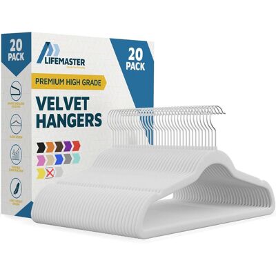 Lifemaster - Velvet Hanger Set – 20-Pack, Non-Slip, 360° Swivel Hook, Space-Saving, Lightweight, Smooth Velvet Finish - White Lifemaster - Velvet Hanger Set – 20-Pack, Non-Slip, 360° Swivel Hook, Space-Saving, Lightweight, Smooth Velvet Finish - White