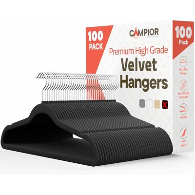 Campior - Velvet Hangers – 100-Pack, 360° Swivel Hook, Non-Slip, Space-Saving, Holds 11 lbs, Smooth Finish - Black Campior - Velvet Hangers – 100-Pack, 360° Swivel Hook, Non-Slip, Space-Saving, Holds 11 lbs, Smooth Finish - Black