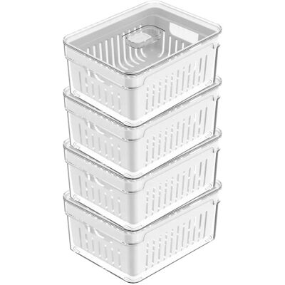 OU - Fridge Organizer Bins with Drain Basket & Vented Lid, Refrigerator Storage Bin, 4 Pack - Clear OU - Fridge Organizer Bins with Drain Basket & Vented Lid, Refrigerator Storage Bin, 4 Pack - Clear