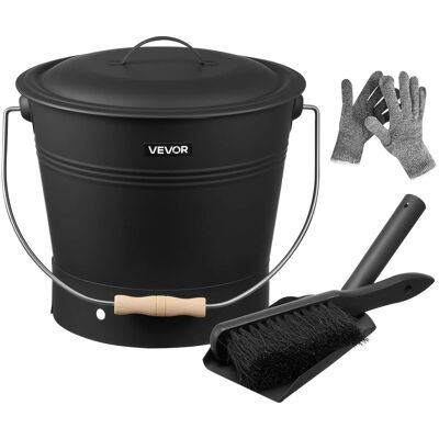 VEVOR - Ash Bucket, 4 PCS with Lid, Shovel, Broom and Gloves, Metal Fireplace Charcoal Bucket and Ash Can, 2.6GAL Large Capacity - Black VEVOR - Ash Bucket, 4 PCS with Lid, Shovel, Broom and Gloves, Metal Fireplace Charcoal Bucket and Ash Can, 2.6GAL Large Capacity - Black