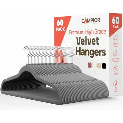 Campior - Velvet Hangers – 60-Pack, 360° Swivel Hook, Non-Slip, Space-Saving, Holds 11 lbs, Smooth Finish - Gray Campior - Velvet Hangers – 60-Pack, 360° Swivel Hook, Non-Slip, Space-Saving, Holds 11 lbs, Smooth Finish - Gray