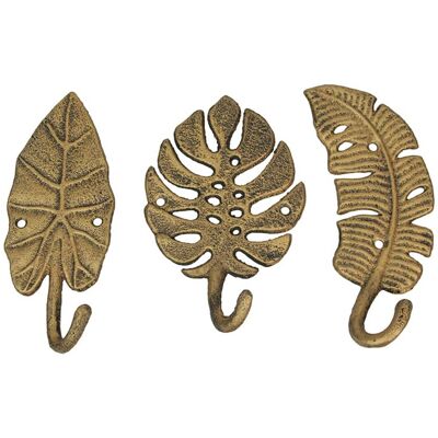 Zeckos - Set of 3 Cast Iron Tropical Leaf Decorative Wall Hooks Towel Hanger Rack - Gold Zeckos - Set of 3 Cast Iron Tropical Leaf Decorative Wall Hooks Towel Hanger Rack - Gold