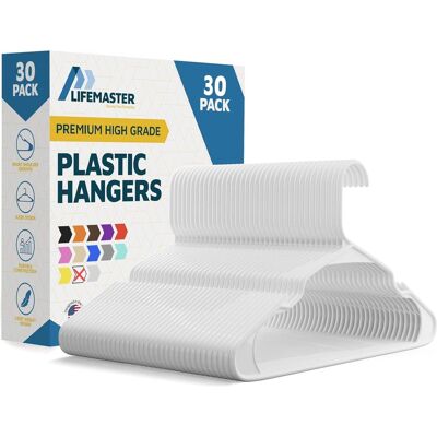 Lifemaster - Plastic Hangers – Heavy Duty, Non-Slip, Space-Saving, Holds 5 lbs, for Clothes, Dresses & Coats, Pack of 30 - White Lifemaster - Plastic Hangers – Heavy Duty, Non-Slip, Space-Saving, Holds 5 lbs, for Clothes, Dresses & Coats, Pack of 30 - White